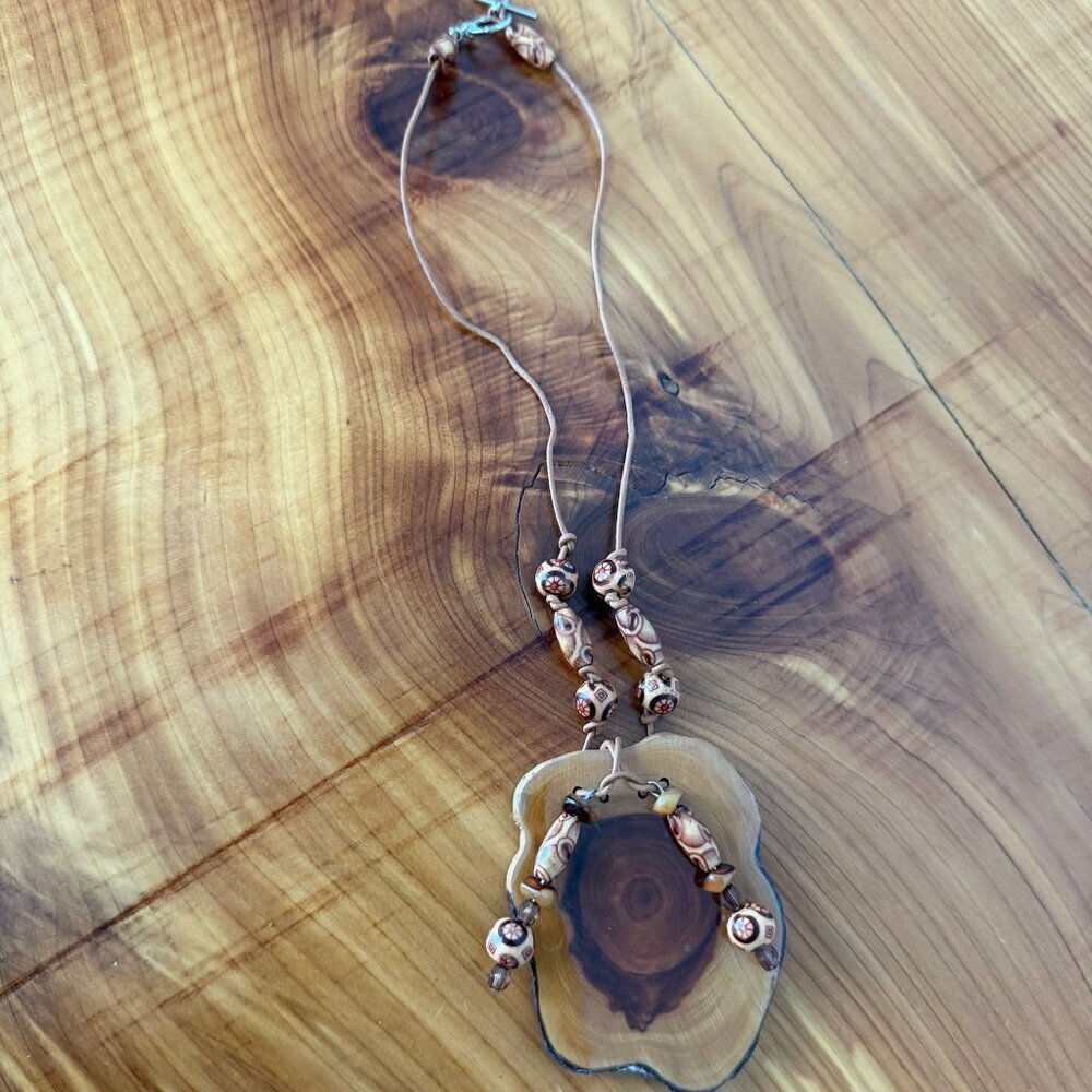 Wood Pendant Beaded Boho/Tribal Necklace